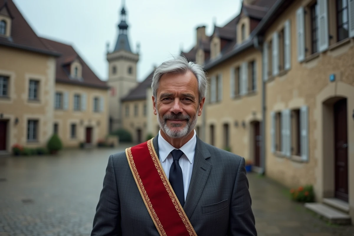 Maire adjoint portant l'écharpe municipale devant la mairie d'un village français