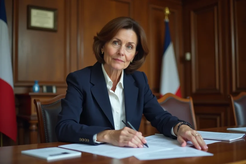 Maire adjointe d'une commune française examinant des documents officiels dans une salle de conseil municipal