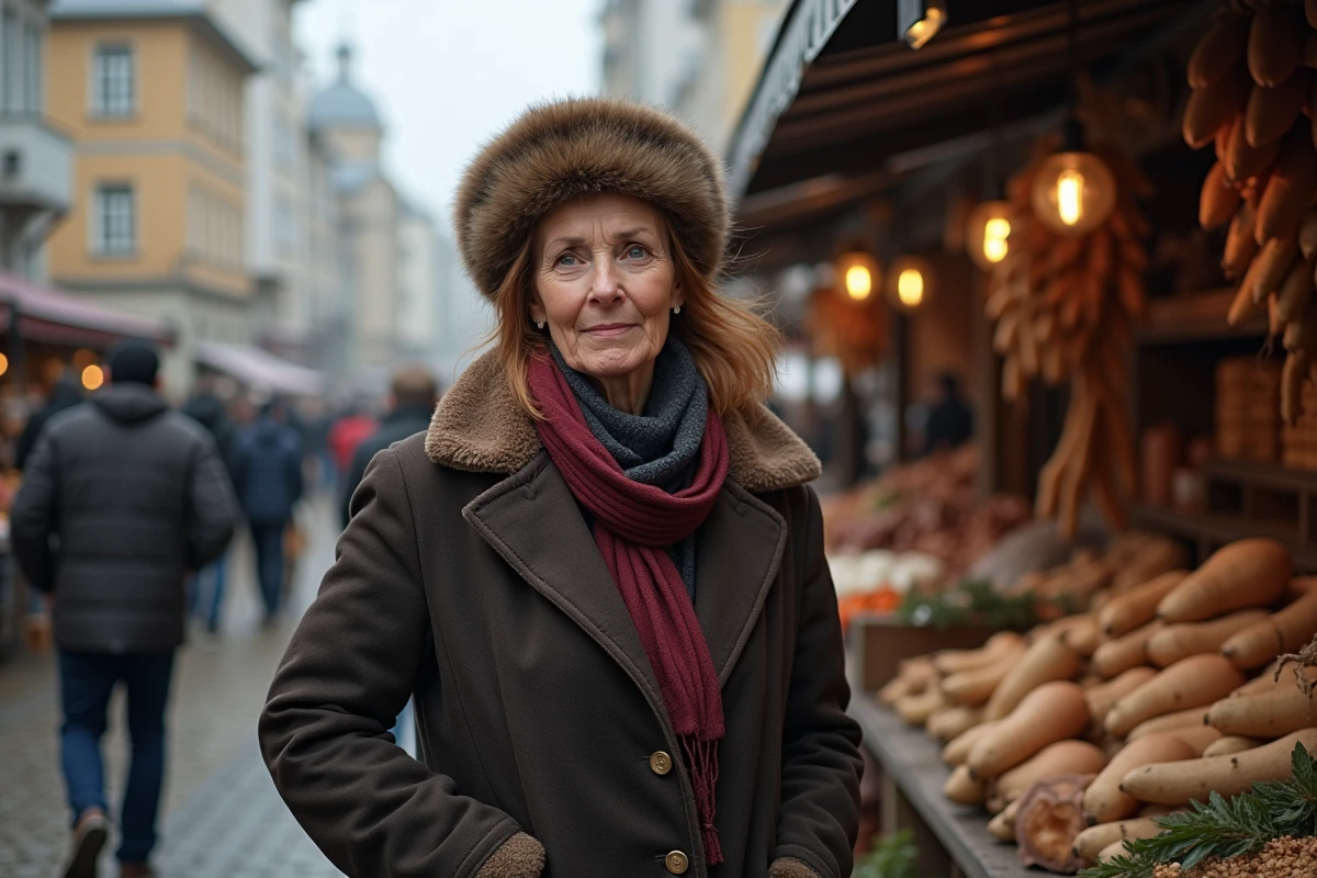 Femme russe en manteau de laine dans un marché extérieur traditionnel avec immeubles soviétiques en arrière-plan illustrant la vie quotidienne en Russie
