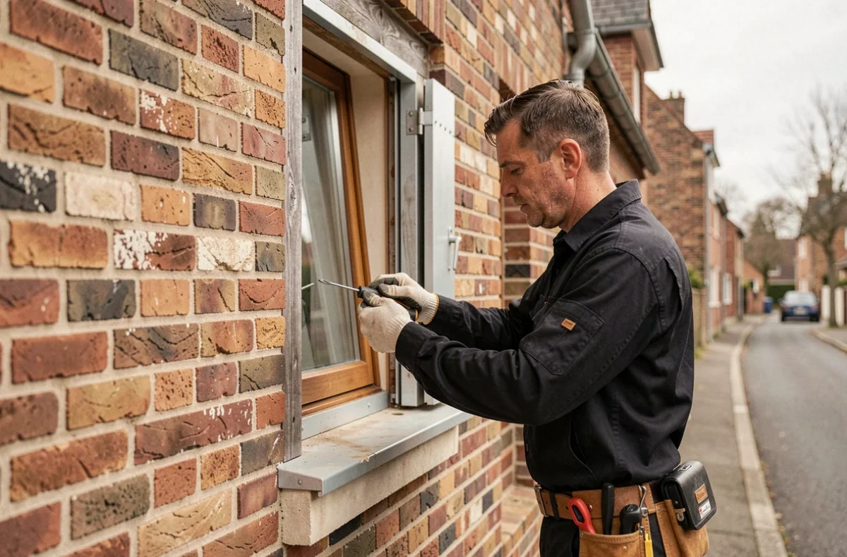Technicien de M.B Couverture Et Fermeture installant un volet de fenêtre de toit sur une maison en brique flamande