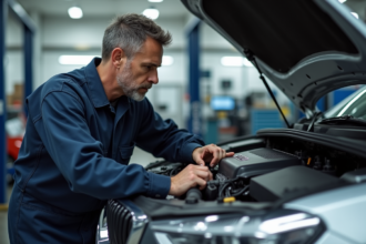 Mécanicien homme en overalls vérifiant une pièce auto dans un atelier propre