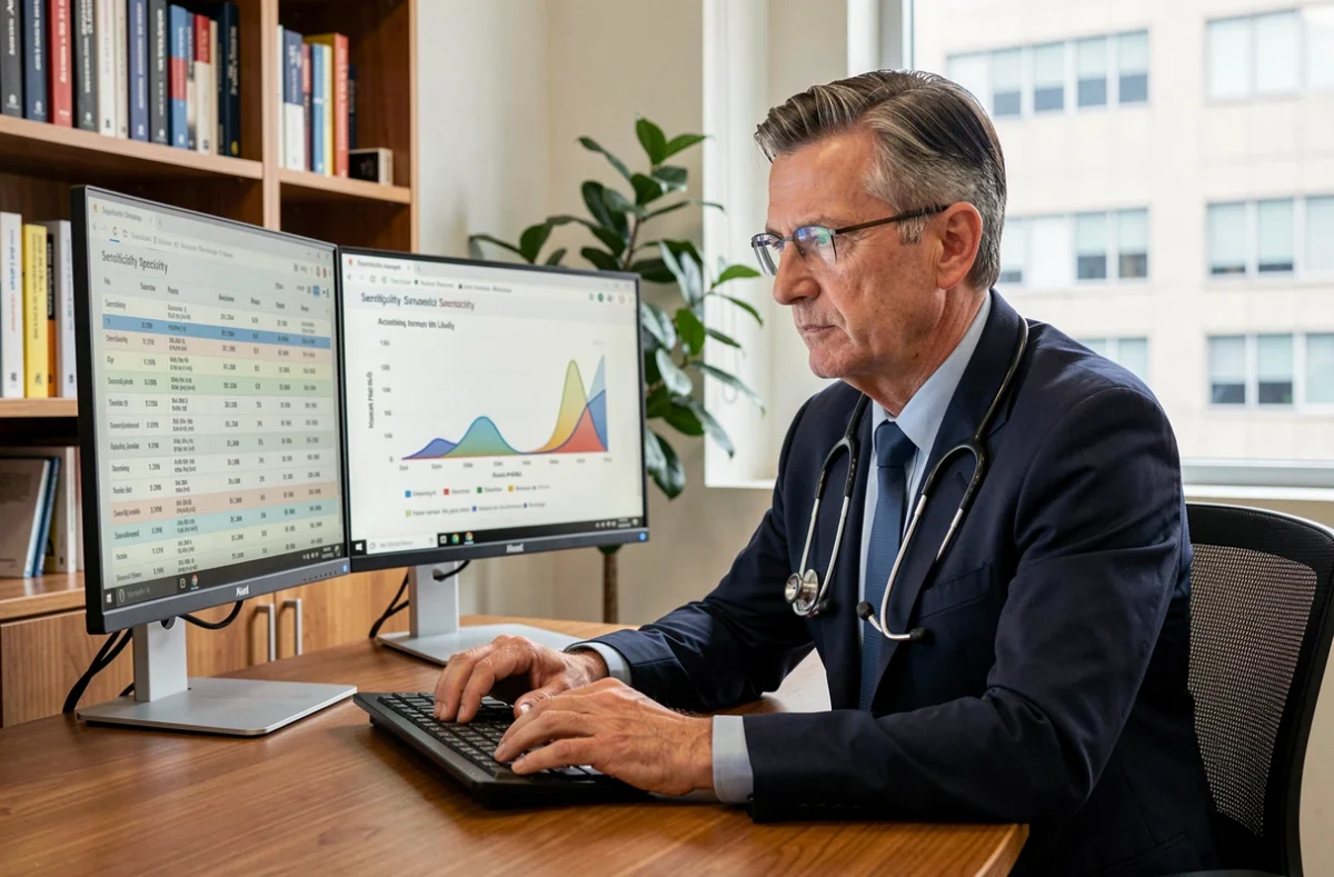 Médecin examinant des données statistiques d'AUC et de sensibilité-spécificité sur écran pour évaluer un test médical