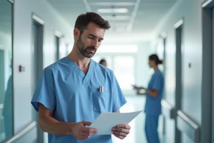 Medecin homme en blouse bleue dans un couloir hospitalier