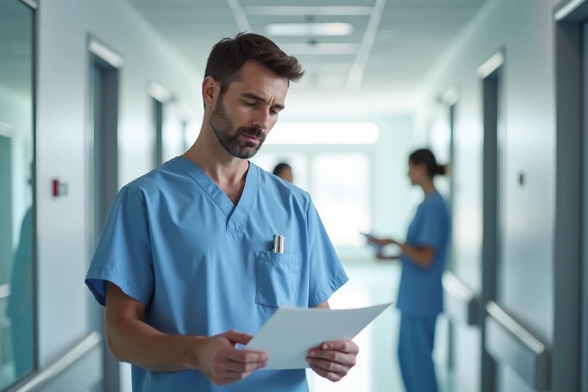 Medecin homme en blouse bleue dans un couloir hospitalier