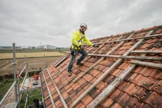 Couvreur professionnel sur un toit en tuiles dans les Hauts-de-France, vue panoramique du chantier