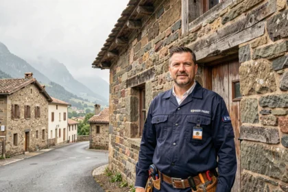 Un électricien professionnel devant un bâtiment typique du Pays Basque dans les Pyrénées-Atlantiques