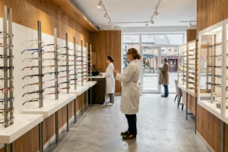 Intérieur d'une boutique d'opticien moderne en Ille-et-Vilaine avec des présentoirs de montures et une opticienne qui conseille un client