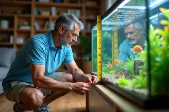 Homme mesurant les dimensions d'un aquarium en verre pour calculer son volume en litres et mètres cubes