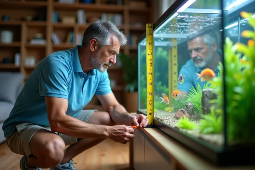 Homme mesurant les dimensions d'un aquarium en verre pour calculer son volume en litres et mètres cubes