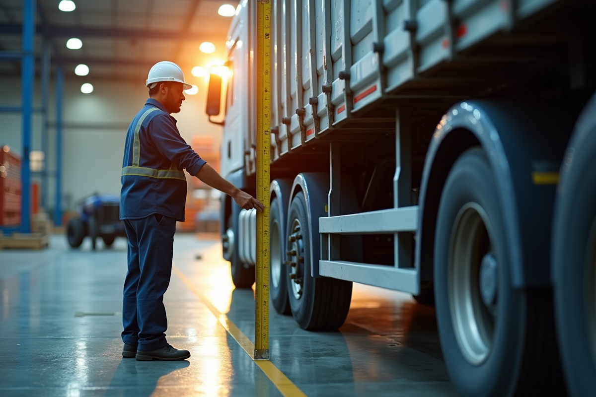 Ouvrier mesurant un camion de 12 tonnes dans un entrepôt ensoleille