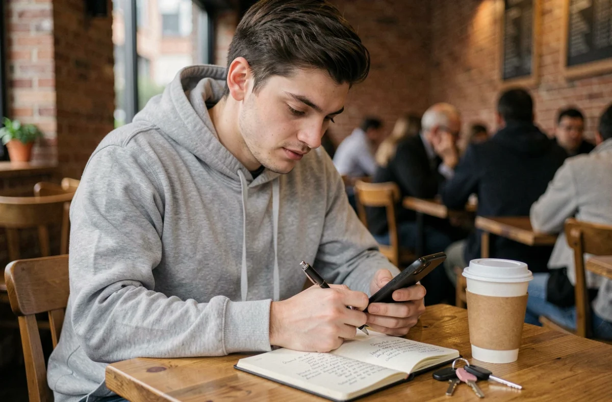 Jeune actif consultant son téléphone pour mettre à jour son adresse France Travail après avoir retrouvé un emploi