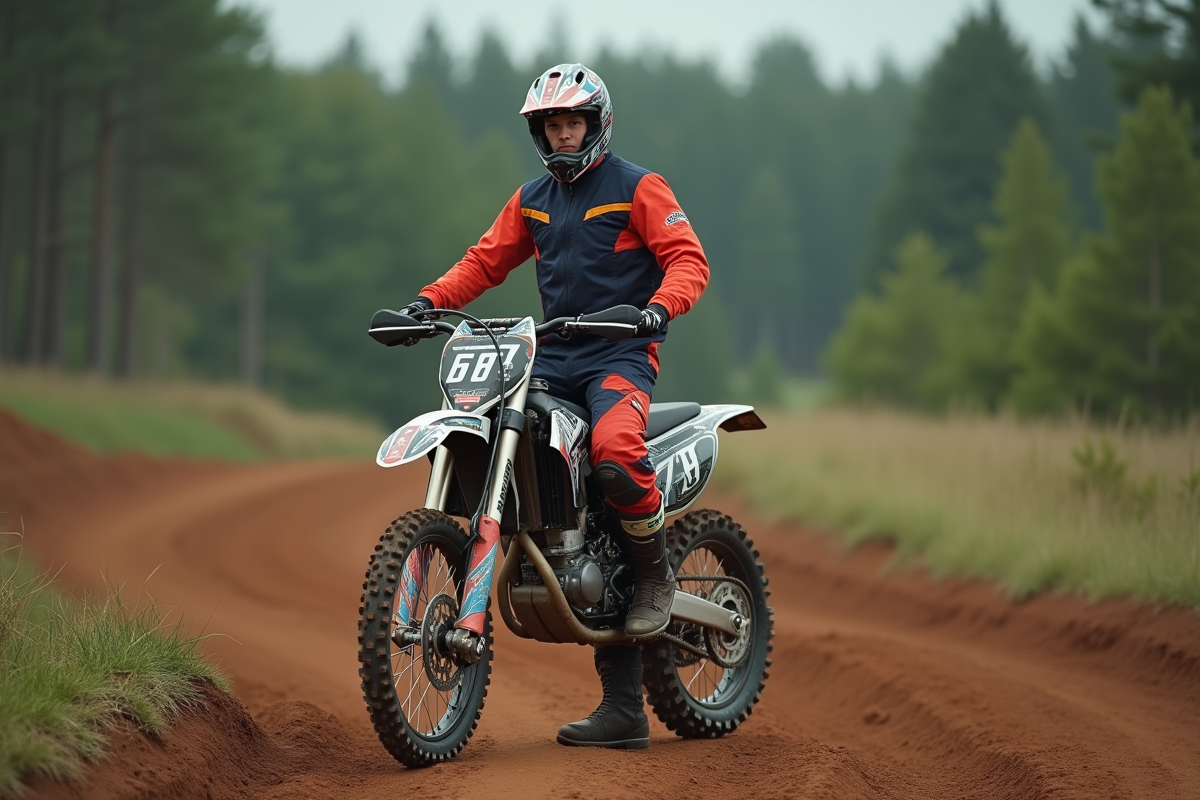 Jeune homme motocross avec casque à la main et moto moderne