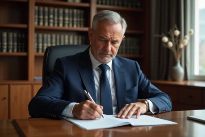 Notaire en costume lisant une lettre dans son bureau