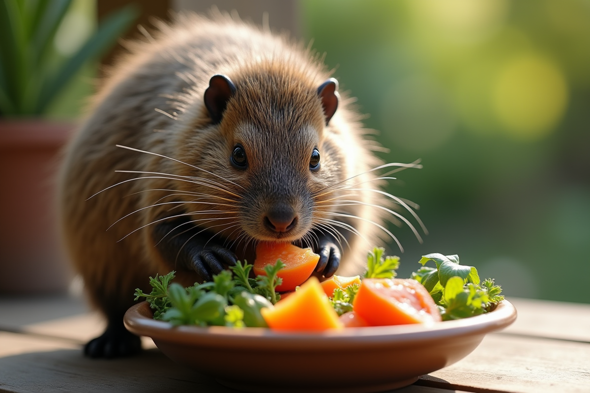 Nutrina mangeant des légumes frais sur une terrasse en bois
