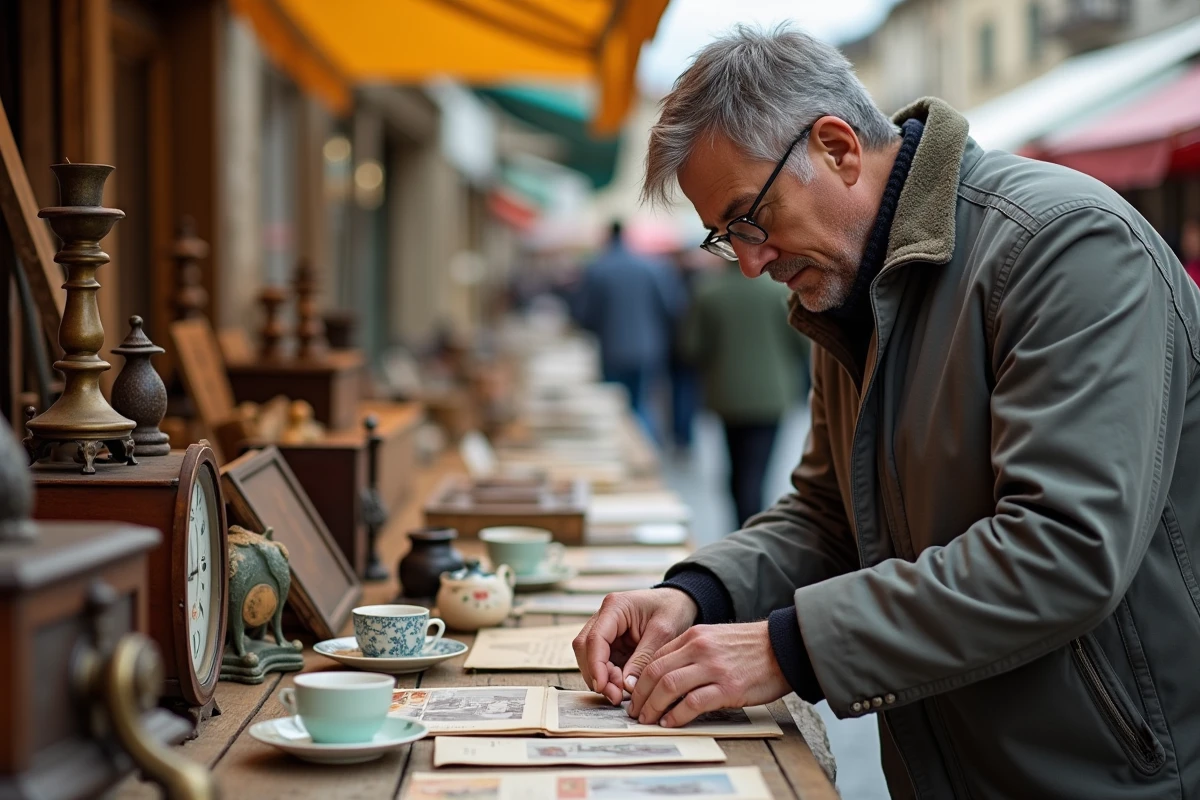 Gros plan sur des objets vintage disposés sur un étal de brocante dans le Cantal, homme examinant une figurine ancienne