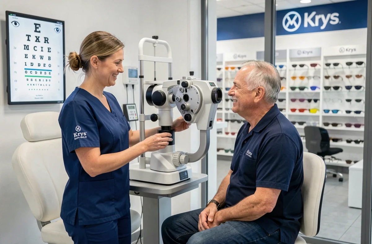 Opticienne Krys de Saint-Malo réalisant un examen de la vue avec un phoropter sur un client dans une salle d'examen moderne