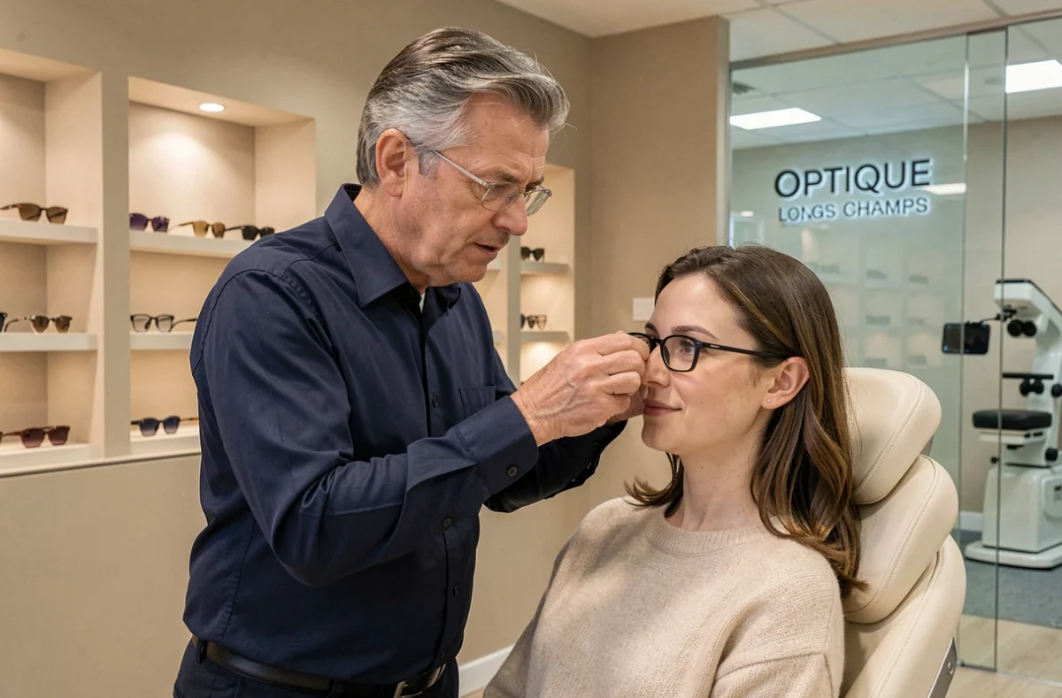 Opticien de l'Optique Longs Champs à Rennes ajustant des lunettes sur une cliente dans un showroom moderne