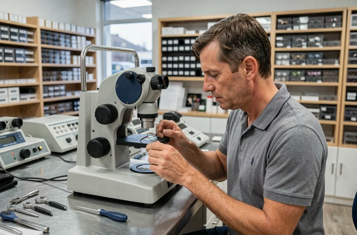Opticien d'Optique Taillandier utilisant un frontofocomètre pour vérifier des verres correcteurs dans un atelier optique