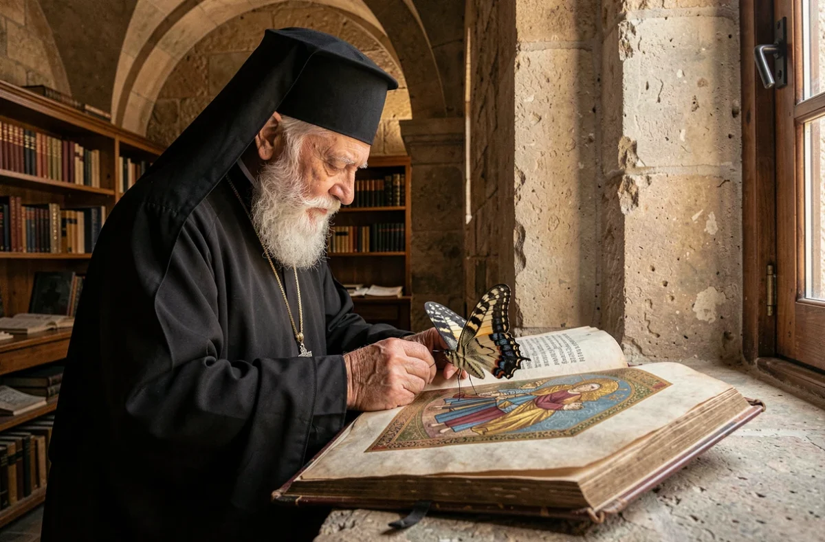 Moine orthodoxe grec âgé contemplant un papillon machaon posé sur un manuscrit enluminé dans un scriptorium de monastère, symbole de l'âme dans la tradition chrétienne