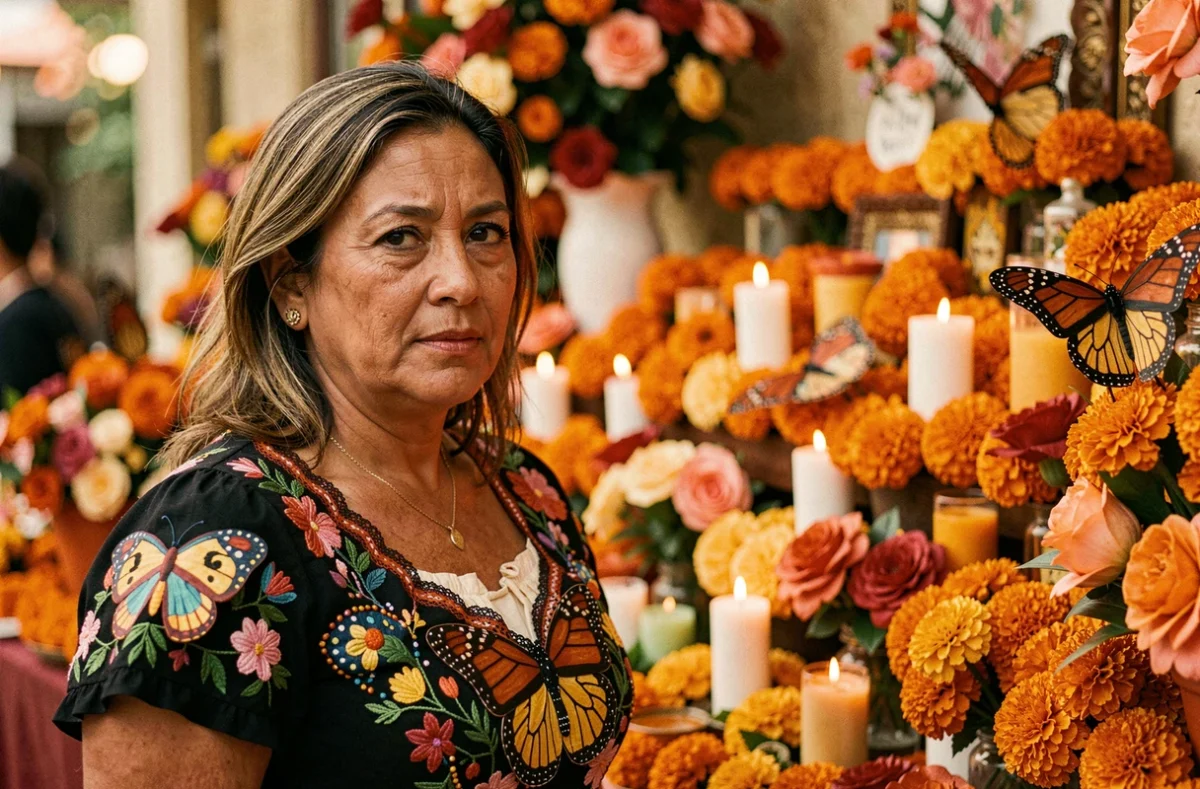 Femme en tenue traditionnelle mexicaine devant un autel Día de los Muertos orné de papillons monarques et de fleurs de souci, symbolisant les âmes des ancêtres