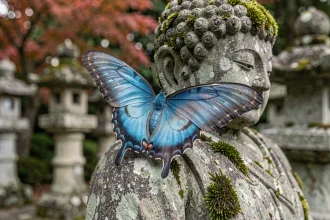 Papillon Morpho bleu posé sur une statue de Bouddha en pierre moussue dans un jardin de temple japonais, symbolisant la transformation spirituelle