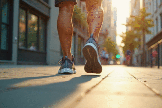 Jambes et pieds en baskets sportives marchant vite en ville
