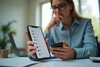 Personne tenant un smartphone dans un bureau moderne lumineux