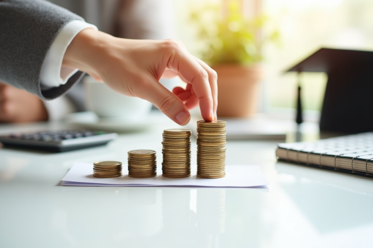 Main empilant des pièces de monnaie sur un bureau blanc avec calculatrice
