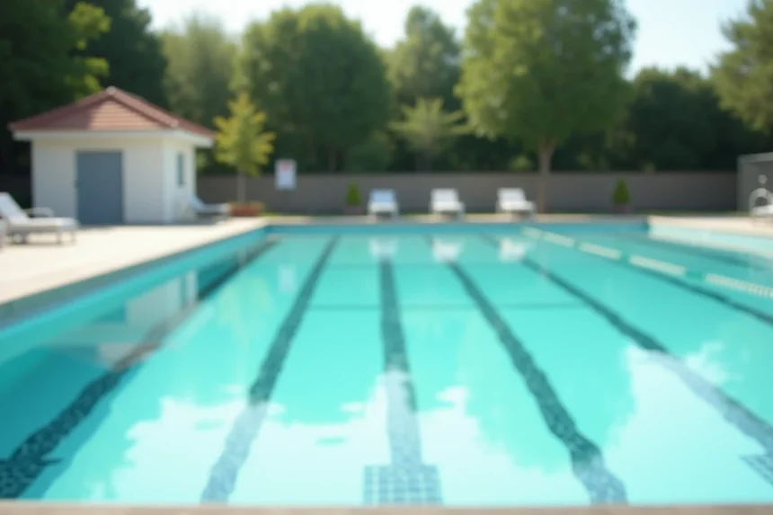 Piscine collective extérieure professionnelle avec équipements en acier inoxydable et margelles en béton lisse, fabrication française