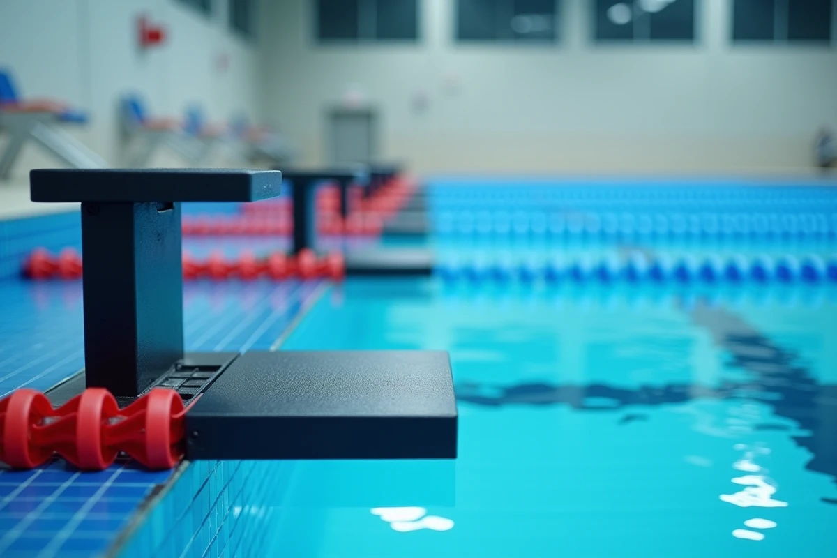 Piscine intérieure municipale avec blocs de départ professionnels et couloirs de nage, équipements de piscine collective fabriqués en France