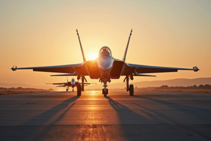 Piste d'une base aérienne de la RAF au lever du soleil