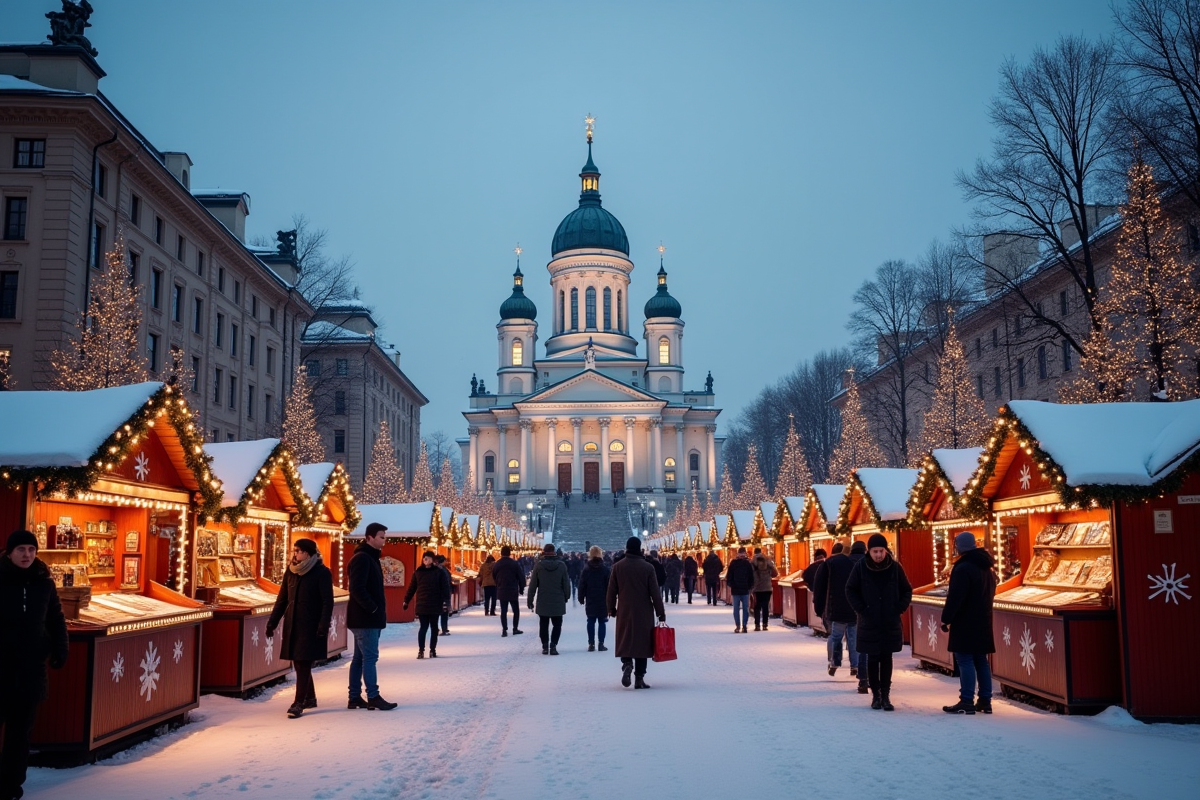 Place du Sénat à Helsinki en hiver avec marché de Noël et cathédrale