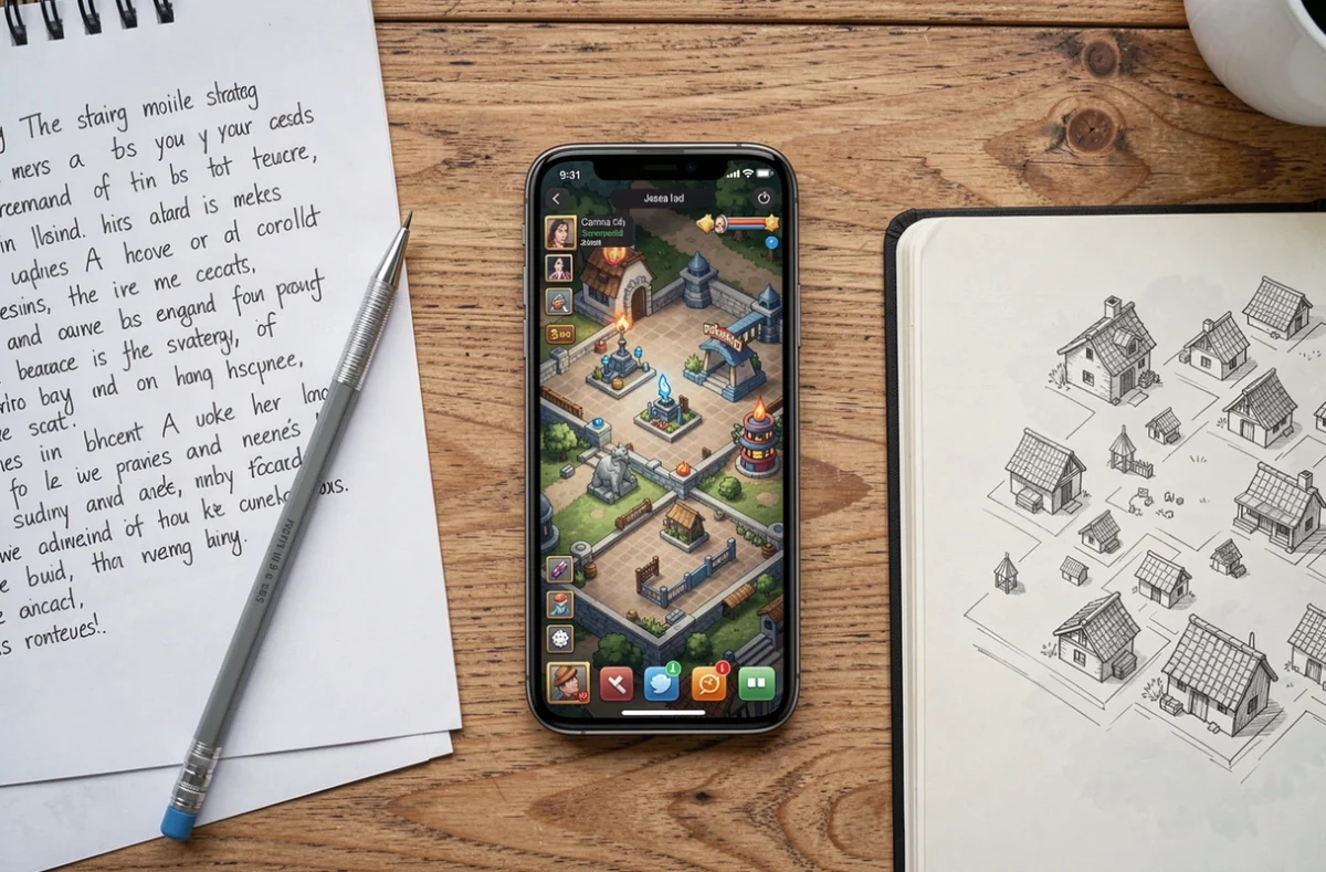 Vue aérienne d'un smartphone affichant une base HDV 8 entouré de notes stratégiques manuscrites pour la guerre de clan
