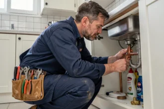 Plombier d'urgence réparant une fuite sous un évier dans une cuisine moderne du Gard