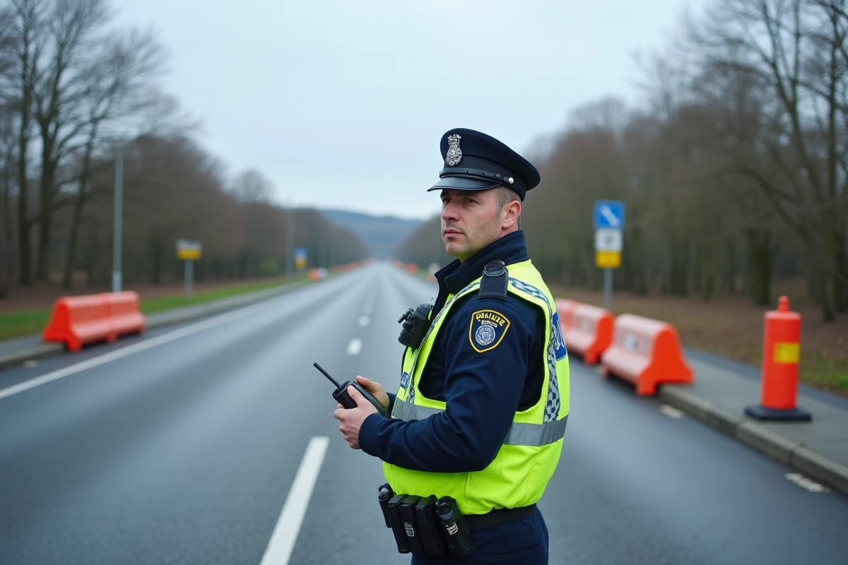 Policier français en gilet réfléchissant gérant une déviation routière après un accident à Lorient