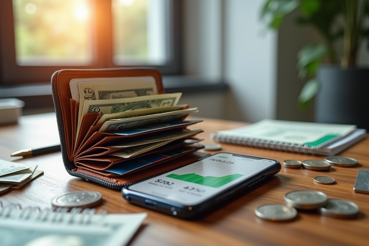 Portefeuille ouvert avec factures et carte bancaire sur bureau