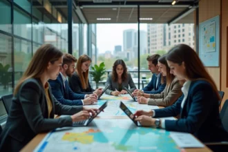 Groupe de professionnels discutant de cartes de mobilité urbaine