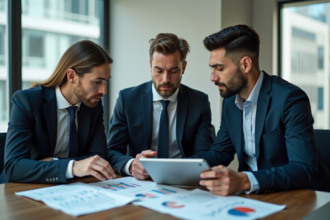 Groupe de professionnels financiers en réunion dans un bureau moderne