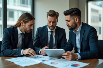 Groupe de professionnels financiers en réunion dans un bureau moderne
