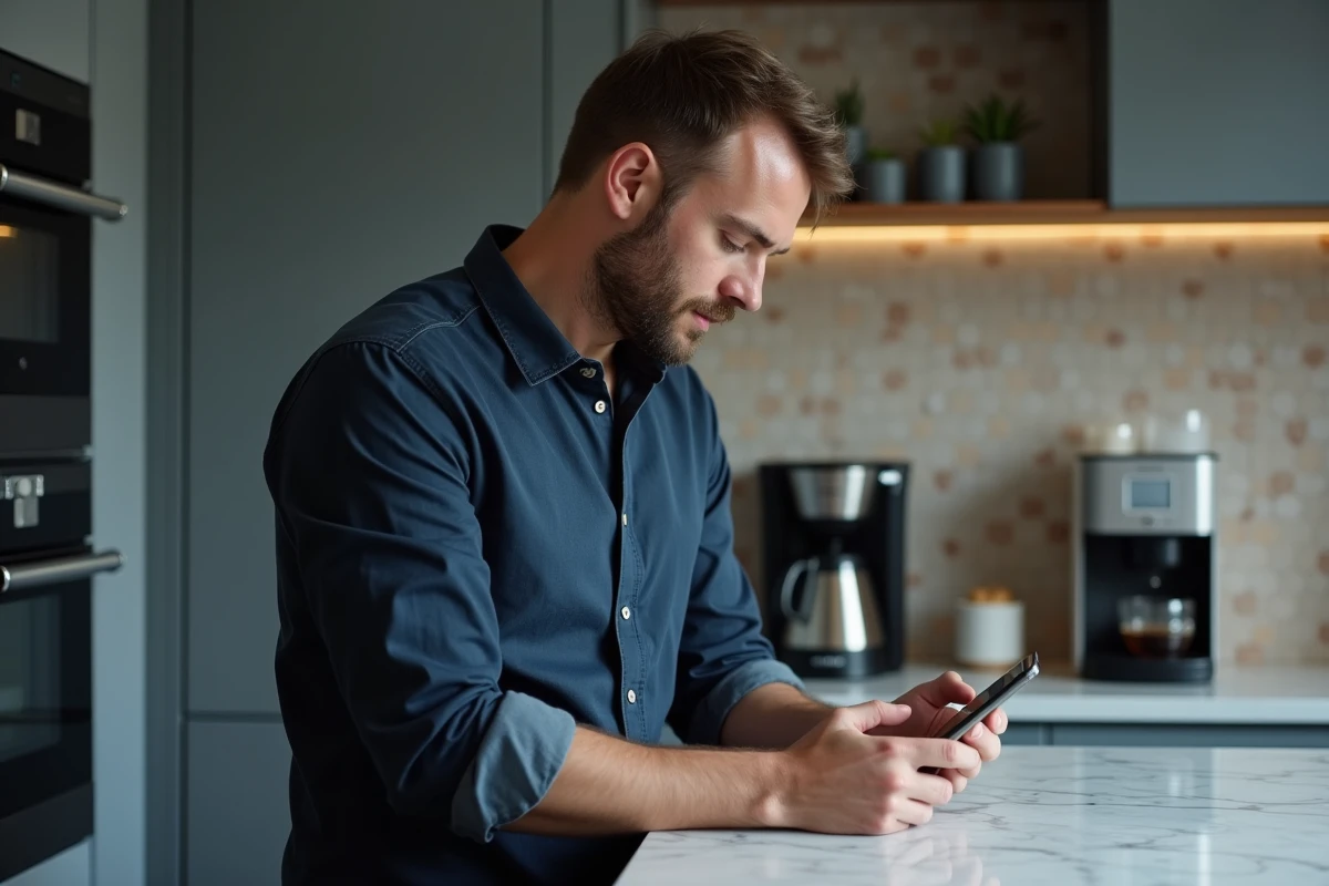 Homme programmant un enregistrement Orange TV à distance depuis son application mobile dans une cuisine moderne