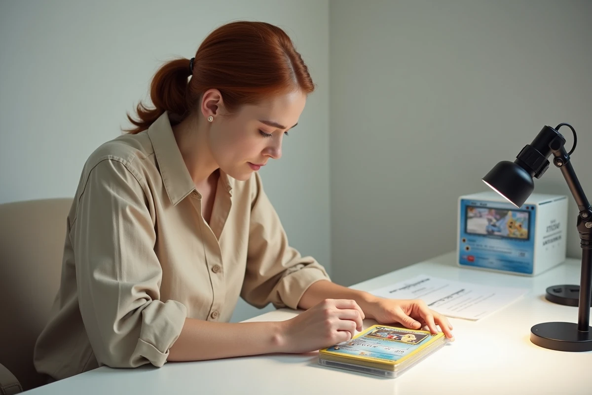 Jeune femme protégeant soigneusement une carte Pokémon holographique rare dans un étui rigide lors d'une session de conservation