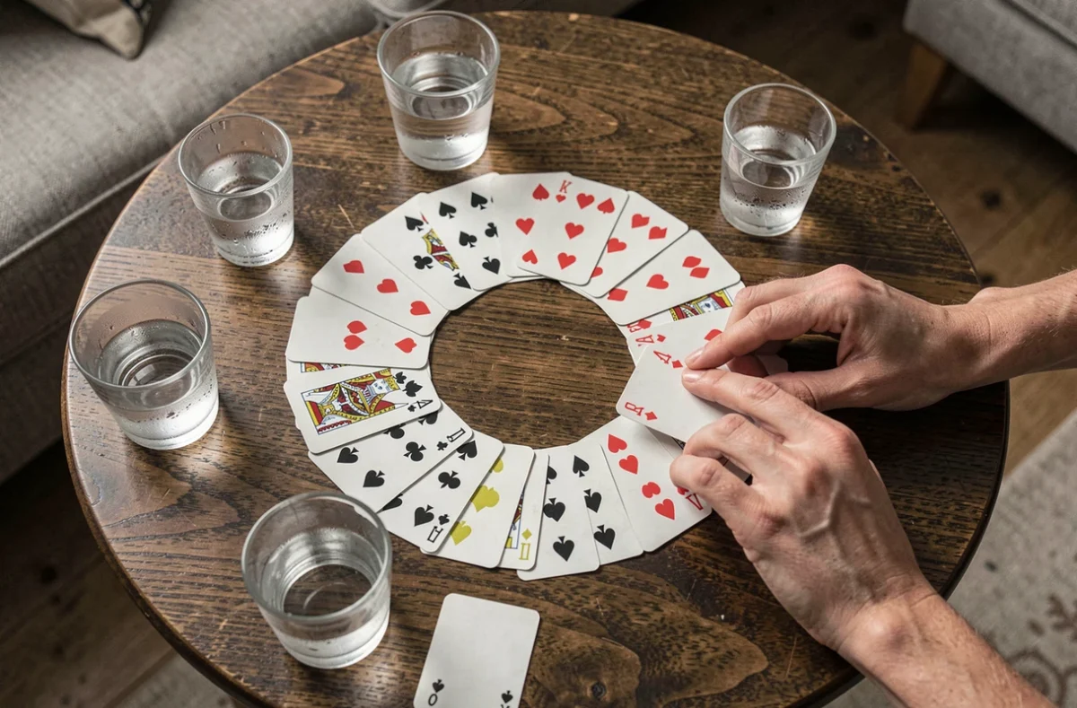 Vue aérienne des cartes disposées en cercle pour le jeu de palmiers avec des verres autour