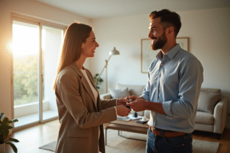 Professionnel remettant les clés à un locataire souriant dans un salon lumineux