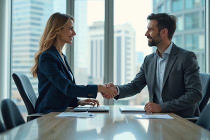 Deux professionnels en réunion d'affaires dans un bureau moderne