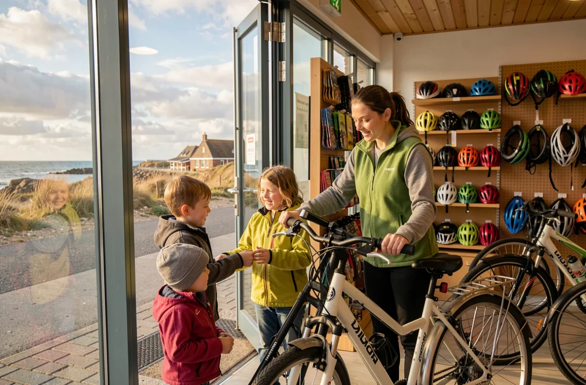 Employée de Riva Loisirs à Ouistreham conseillant des clients dans le magasin de loisirs et vélos