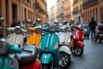 Rue animée à Rome avec des scooters colorés en journée