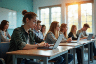 Salle de classe moderne avec étudiants utilisant des ordinateurs