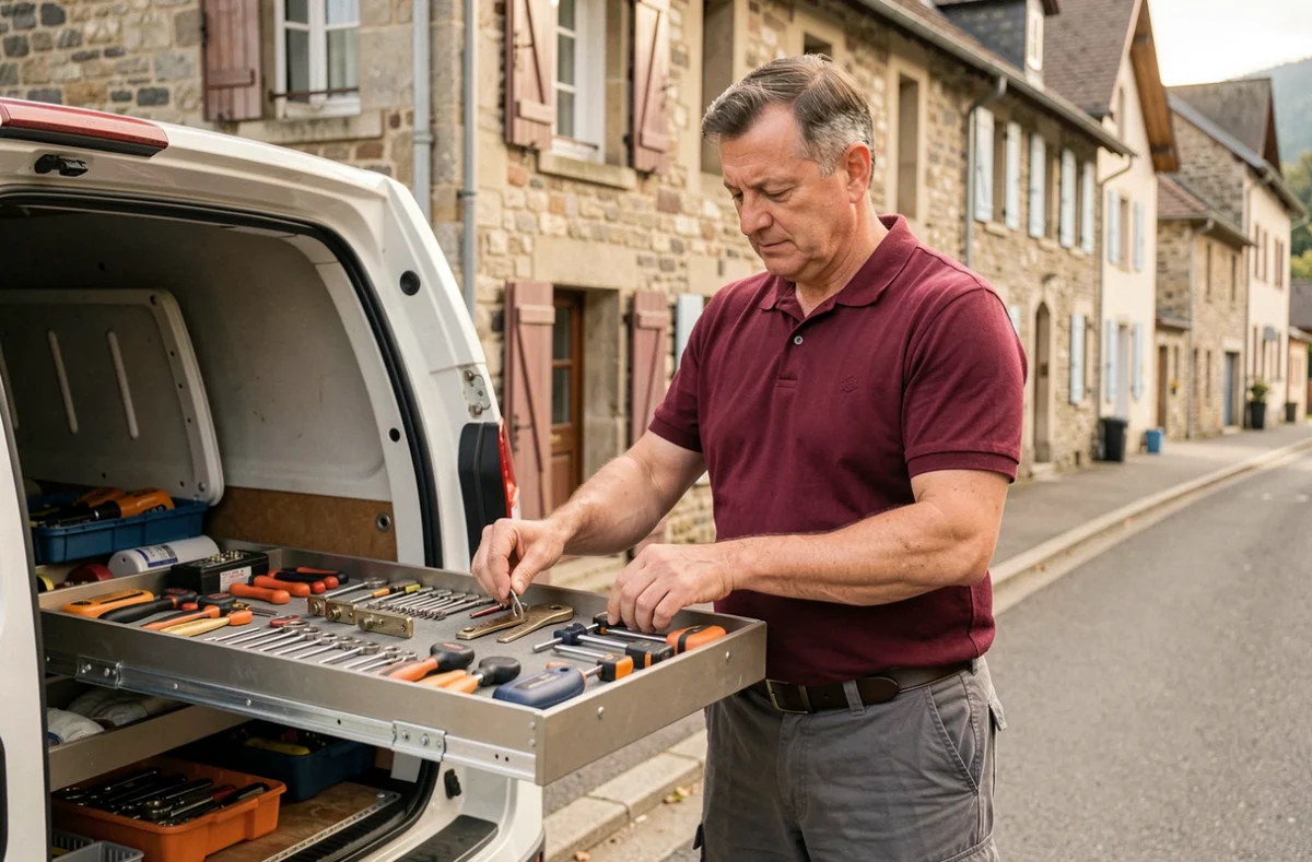 Artisan de la Sarl Boillot organisant son matériel de serrurerie dans son véhicule d'intervention dans un village du Doubs