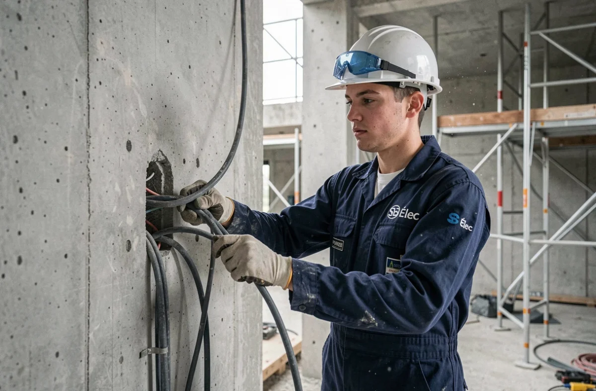 Jeune électricien de SB Élec travaillant sur un chantier de construction neuve à Bayonne