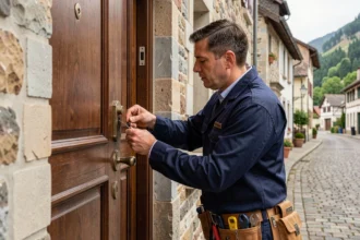 Serrurier professionnel intervenant sur une porte d'entrée dans une rue typique du Doubs